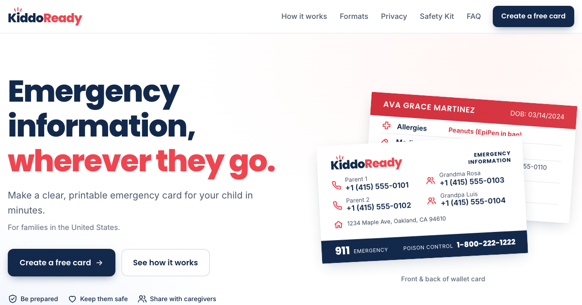 I built a free, privacy-first emergency contact card maker for parents. Looking for feedback.